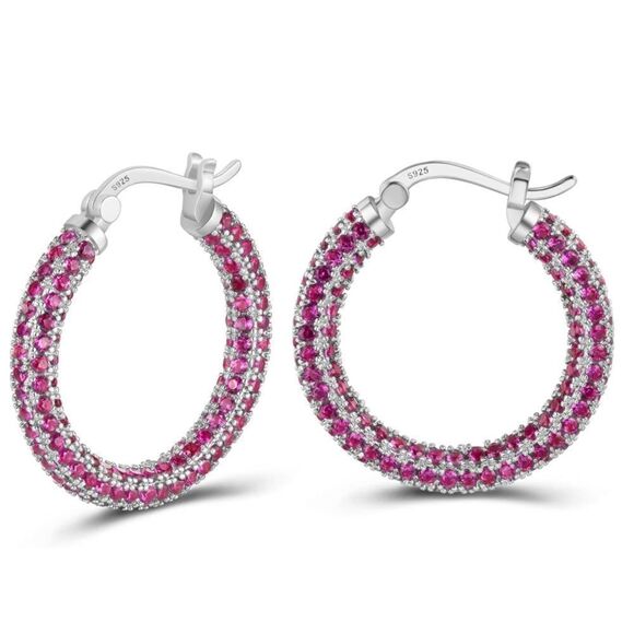 14K White Gold Sterling Silver with Pink Tourmaline Cubic Zirconia Hoop Earrings - Picture 2 of 6